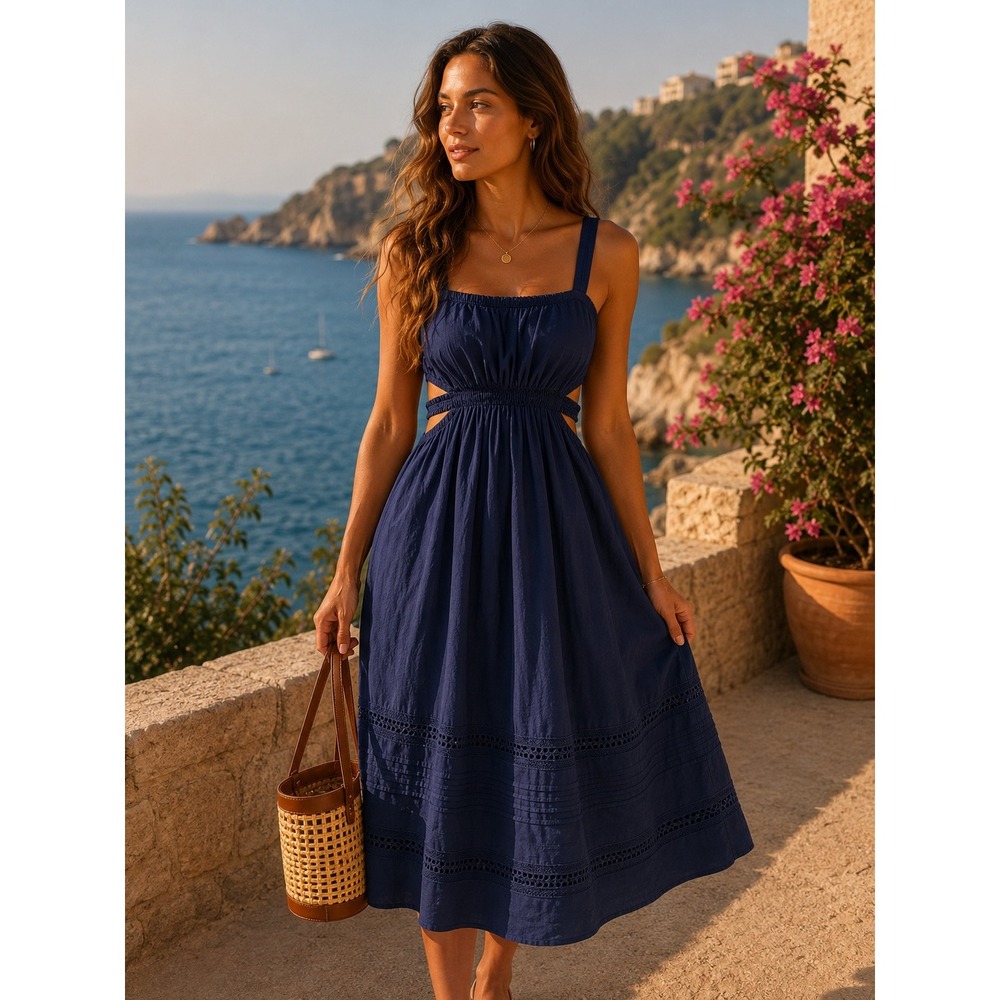 Vineyard Vines Dress Womens Small Blue Poplin Eyelet Cutout Preppy Coastal Boho